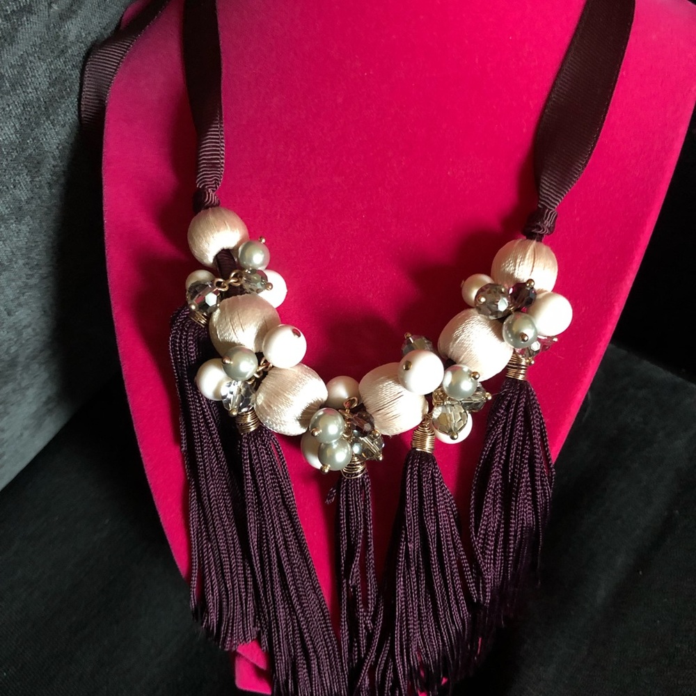 Ann Taylor Factory Statement Necklace Burgundy Tassel Crystal Pearl Beaded NWT - Picture 3 of 6
